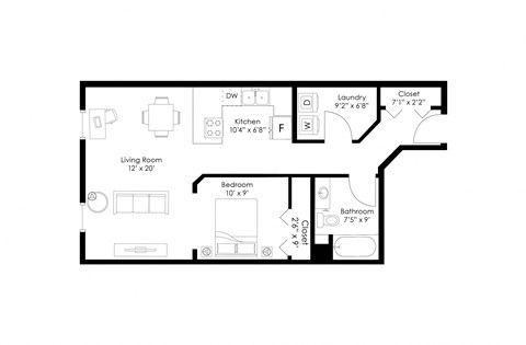 Floor plan for 1 bed, 1 bath, 701 sqft